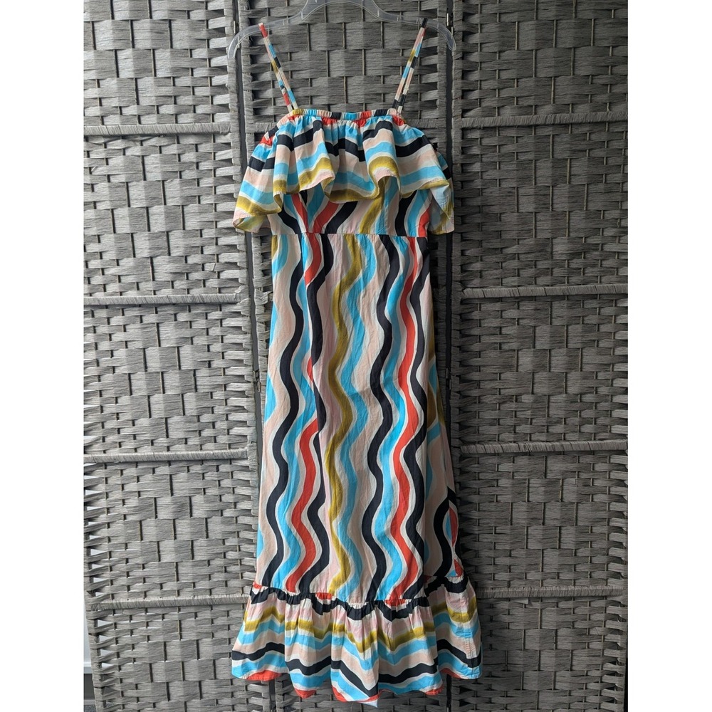 Farm Rio Anthropologie Maxi Dress Multicolor Wavy Stripe Ruffle Tiered Sz M